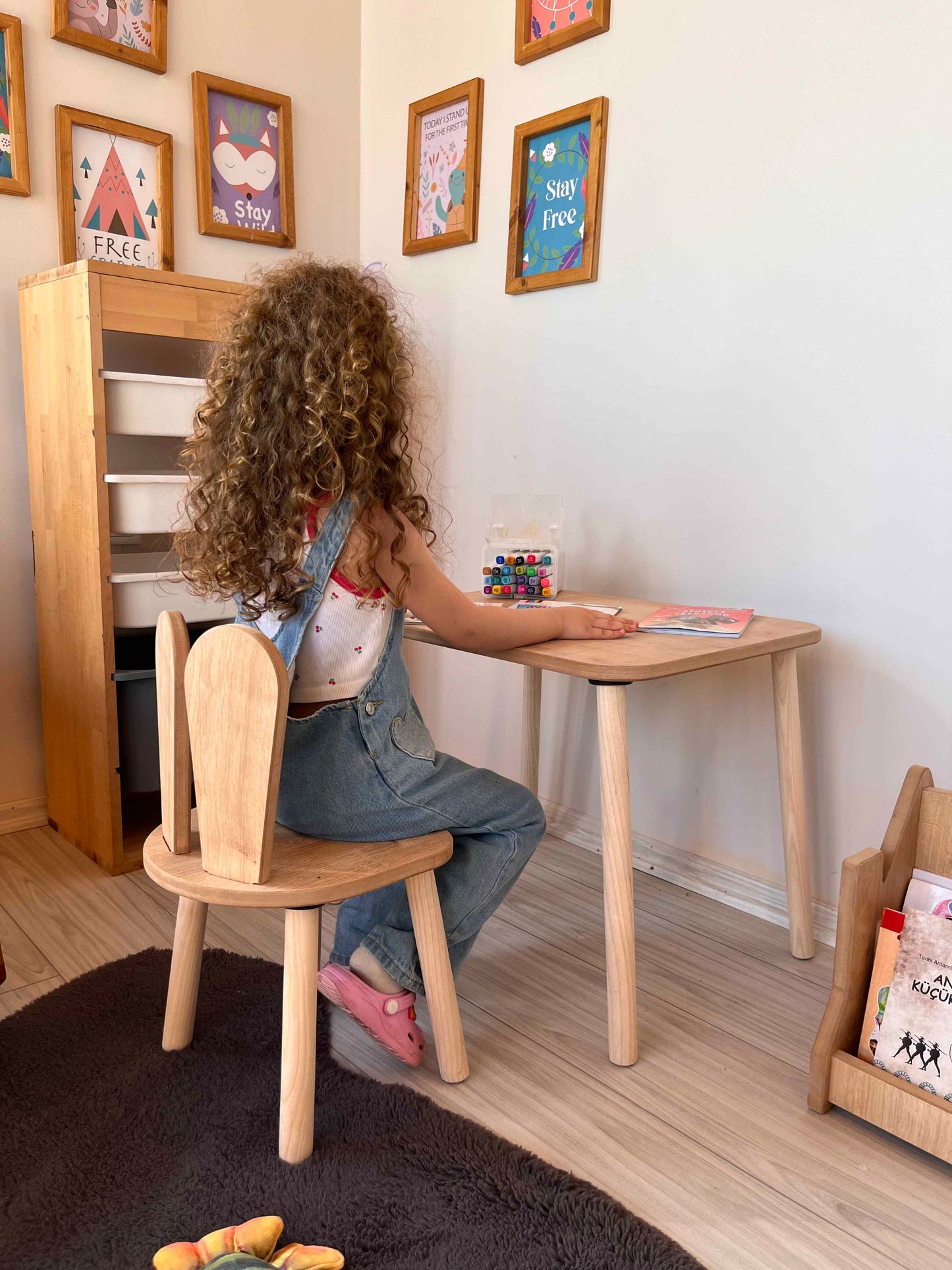 Montessori Brown Children’s Study Table with Bunny Chair