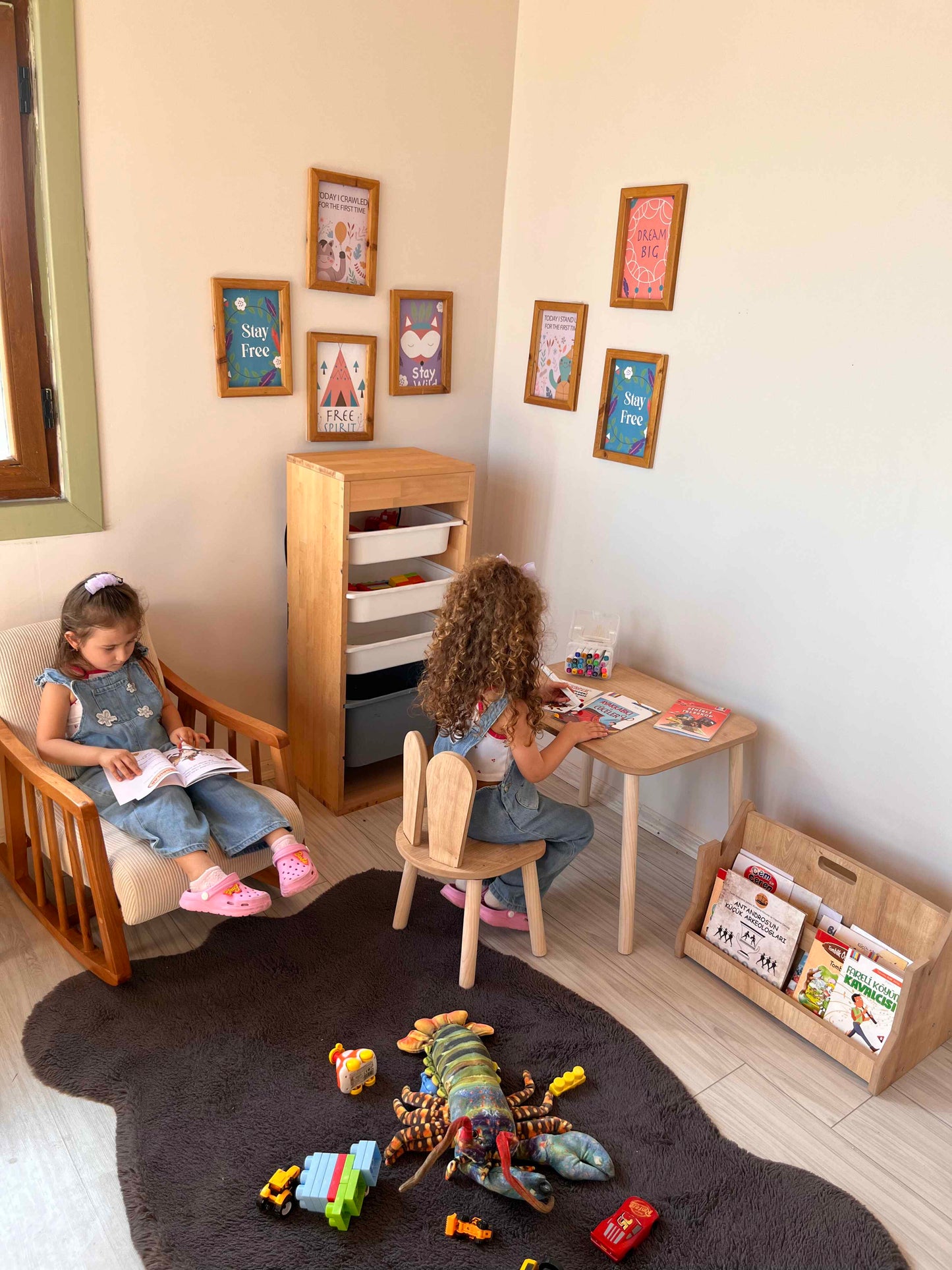 Montessori Brown Children’s Study Table with Bunny Chair