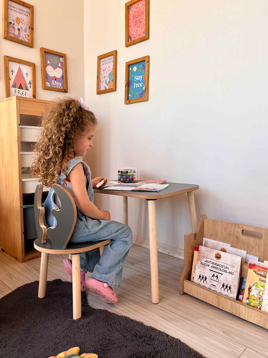 Montessori Anthracite Children’s Study Table with Deer Chair